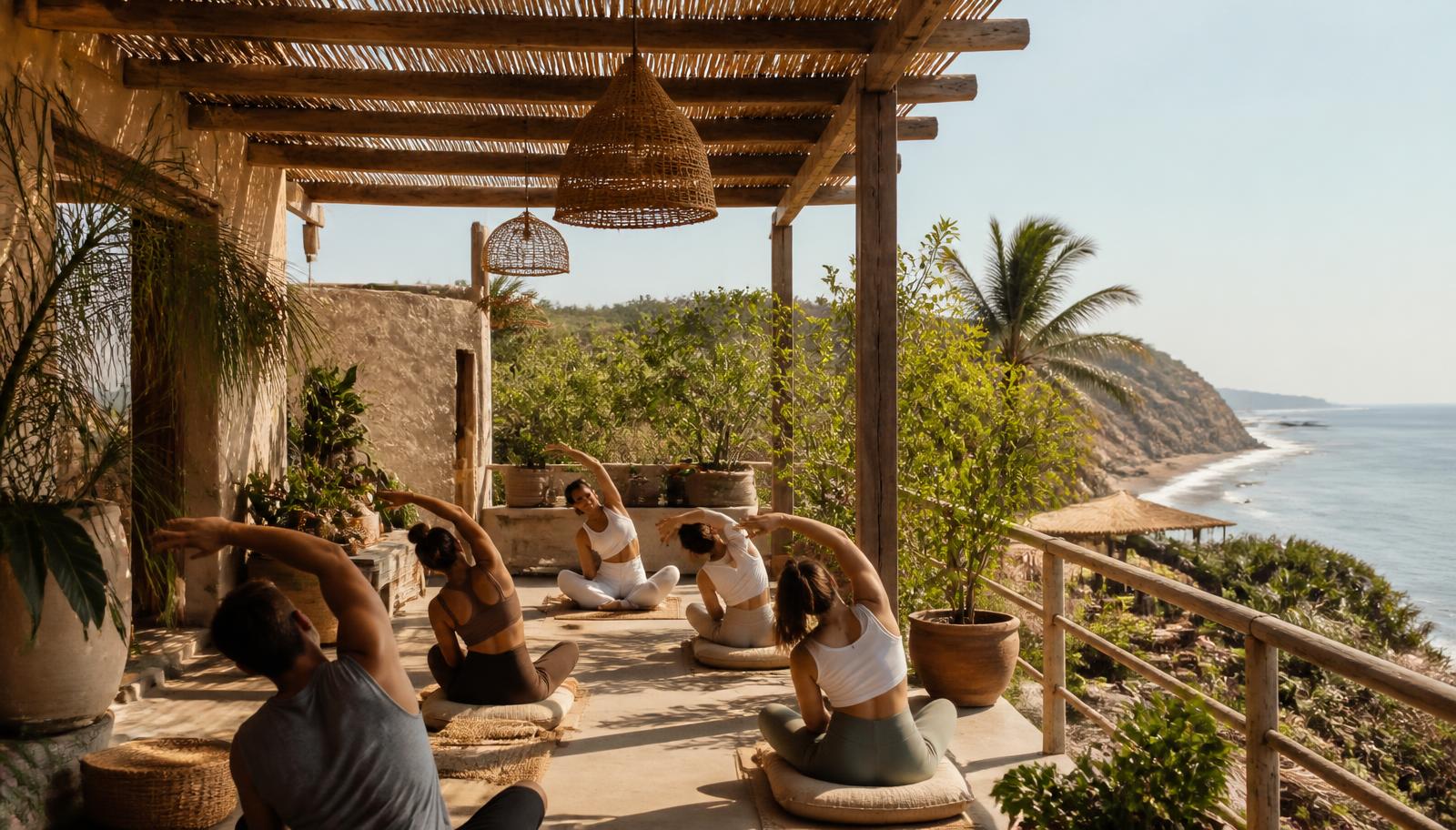 A wellness class on a sunlit terrace